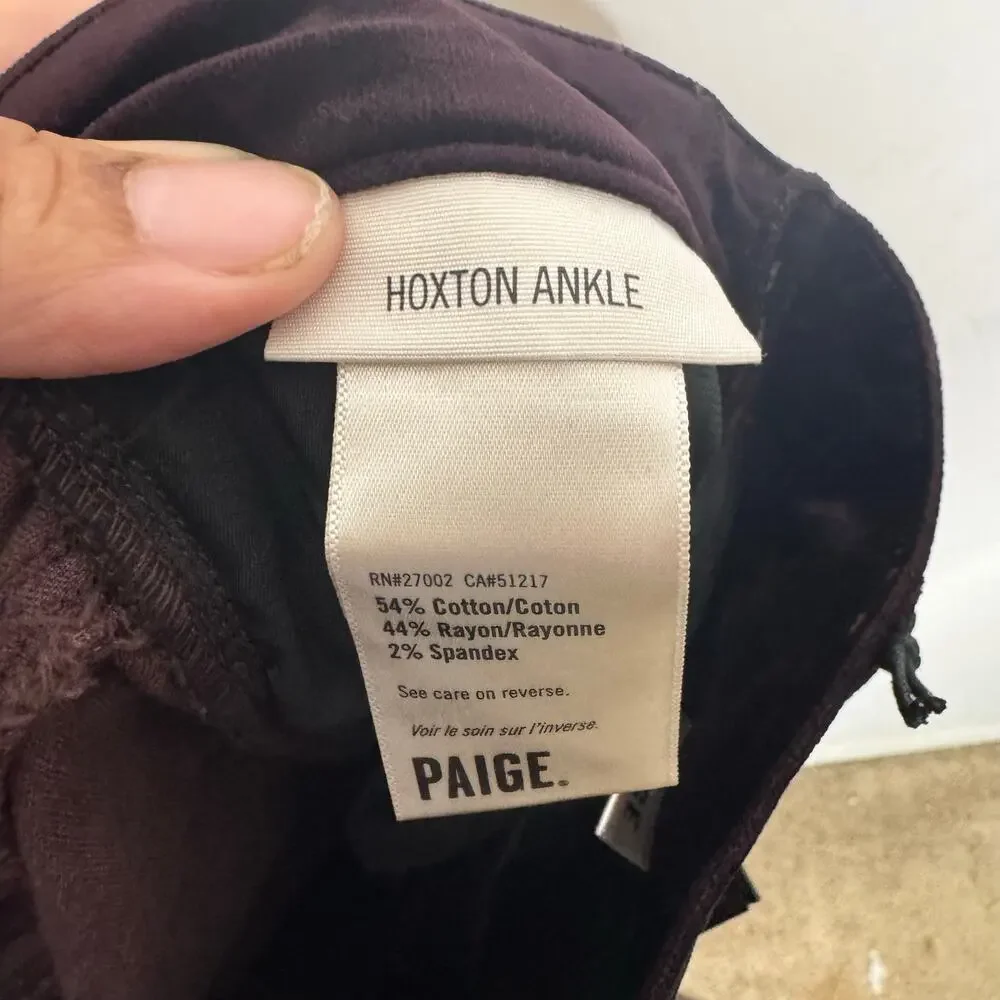 PAIGE Hoxton Ankle Velvet Pants‎ Sz 24 Burgundy High Rise Skinny NWT
